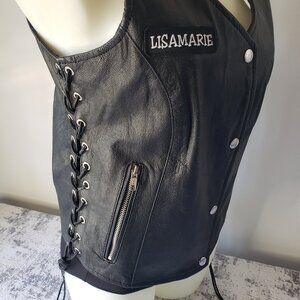 Black Leather Lisa Marie Open Road Lace Up Motorcycle Vest w Chrome Snaps